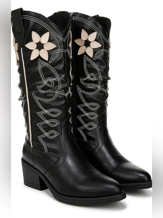 Blowfish Malibu Shoes - Black Western Knee-High Boots with Cream Floral Appliqué